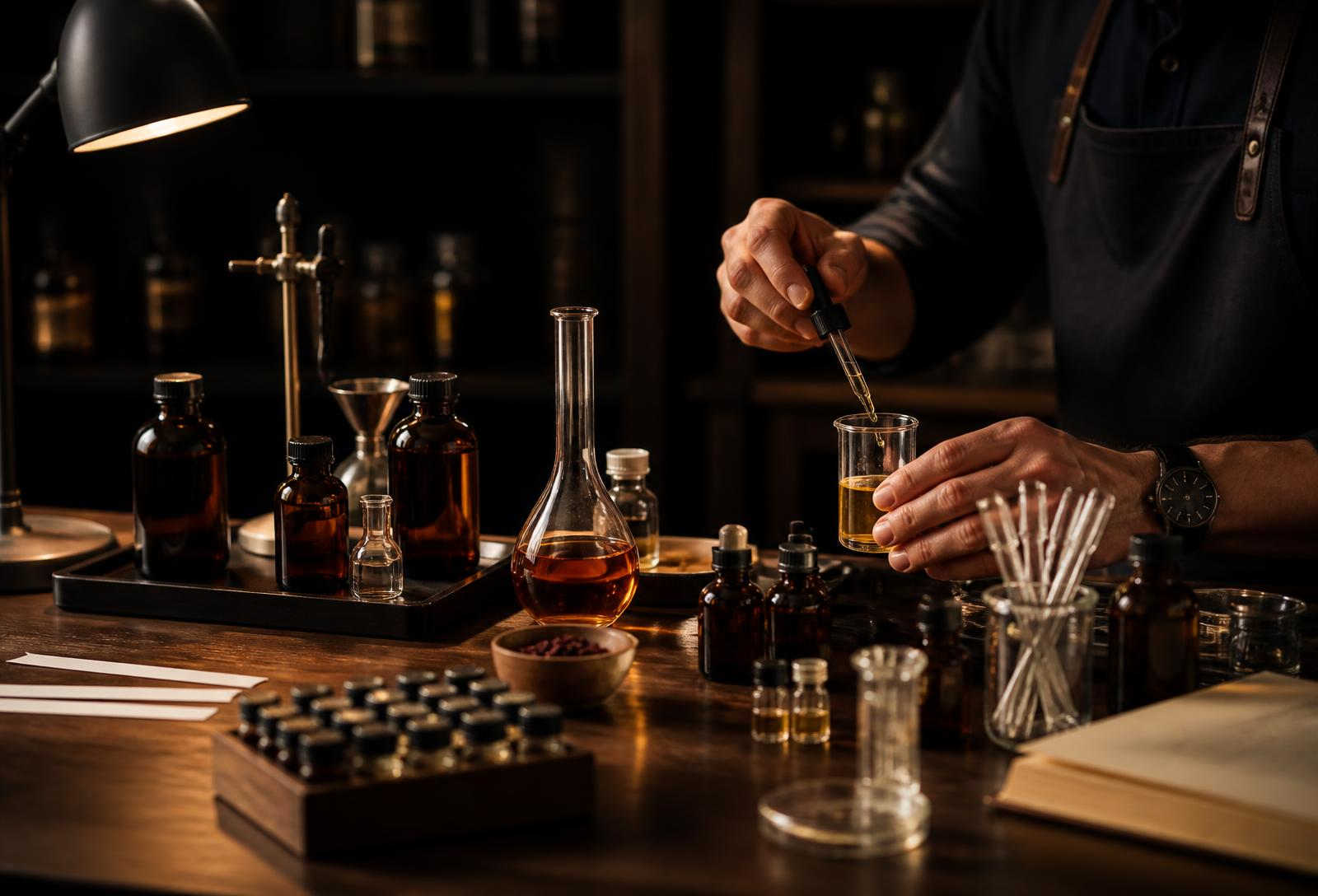 In-house fragrance blending bench with glass bottles and pipettes